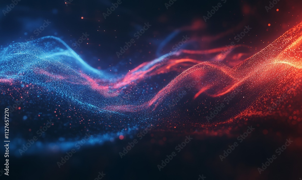 Poster waveforms in blue and red, with a dark background, creating an ethereal and dynamic visual.