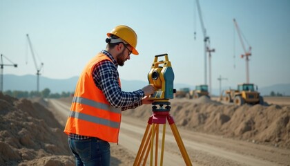Surveyor uses theodolite to measure land for new construction. Construction site with heavy machinery. Land surveying tools used. Precise measurements for building project. Geospatial accuracy on
