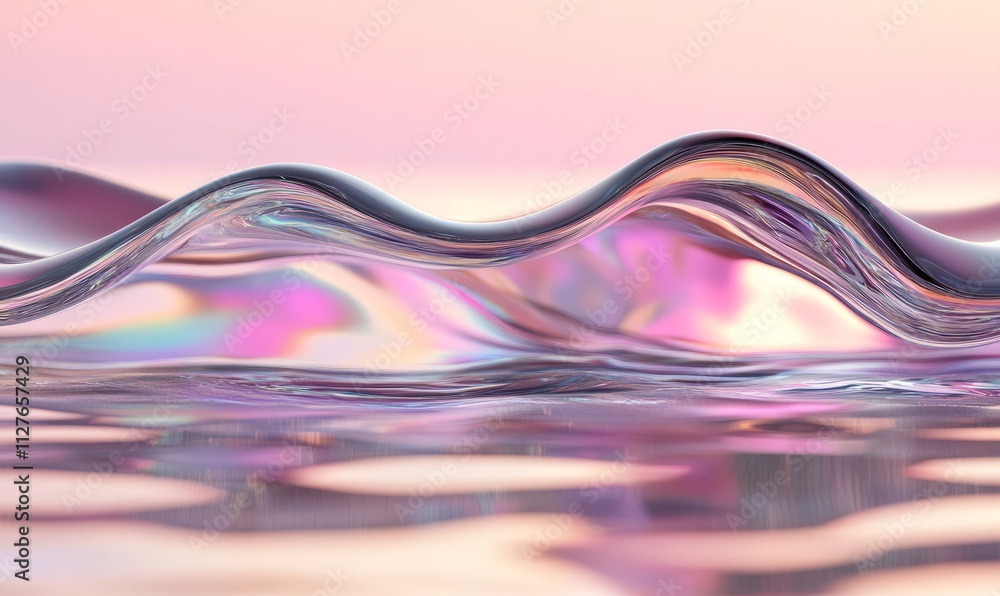 Poster wavy iridescent metallic shape above the water with reflection. modern unique