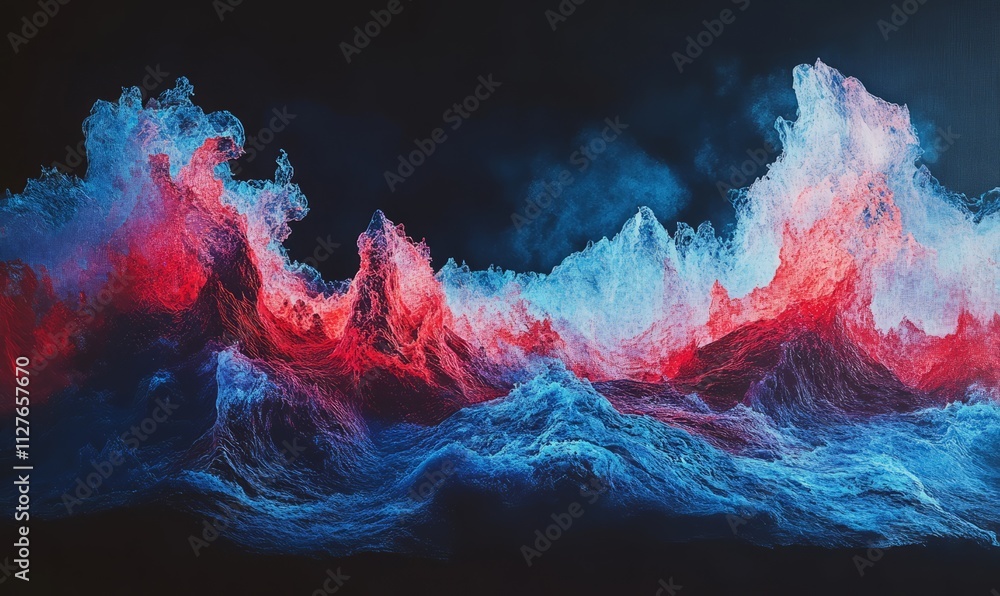 Poster waveforms in blue and red, with a dark background, creating an ethereal and dynamic visual.