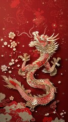 Obraz premium Elegant red dragon with floral patterns representing strength and luck in Chinese culture