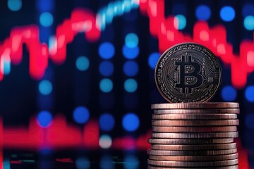 Close-up view of stacks of coins in front of a financial chart displayed on a monitor