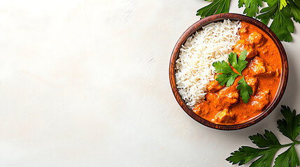 Delicious Indian chicken tikka masala served with basmati rice, garnished with fresh herbs