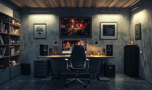 Vintage, spacious minimal home office room with panel lighting on the ceiling, large size dark stone tiled floor, the computer table, monitor, speakers, black husky file cabinet on the side.