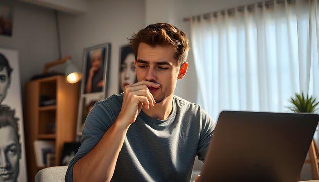 Young caucasian man using laptop at night at art studio smelling something stinky and disgusting, intolerable smell, holding breath with fingers on nose. bad smell isolated with white highlights, pn