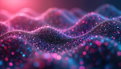 Abstract tech visualization shows data streams, ball arrays. Colorful digital design represents information analytics, data sorting. Dynamic pattern of lines, dots. Visualizes big data concepts.