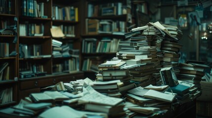 Fototapeta premium Stacks of documents on a cluttered desk symbolize overwhelming bookkeeping tasks.