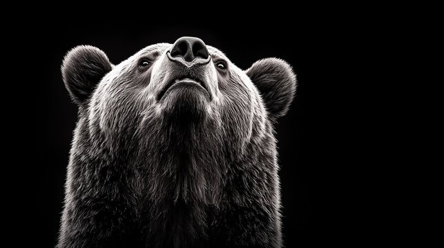 Front-facing Kamchatka bear portrait, high contrast black-and-white, powerful expression, sharp details, isolated against a pure black background