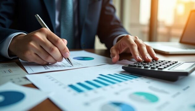 Government employee analyzes public spending data. Person works with documents, graphs to calculate costs. Person uses pen, calculator to review financial reports. Documents contain pie charts, bar