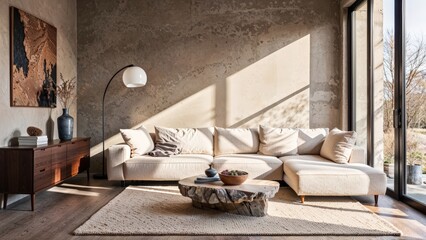 Generative AI, Modern living room with golden-hour lighting, organic textures, and earthy tones