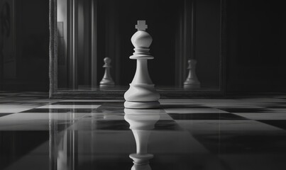 White chess queen against mirror with reflection of pawn