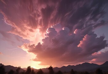 Obraz premium Soft pastel hues of pink and orange are illuminated by a brief flash of lightning against the evening sky, soft light, warm tones