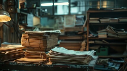 Fototapeta premium Stacks of documents on a cluttered desk symbolize overwhelming bookkeeping tasks.