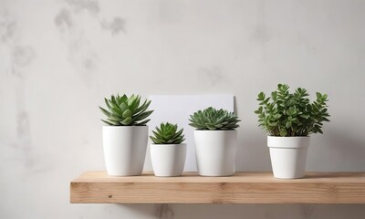 White journal with potted succulent plant on wooden shelf against white wall, urban jungle, cozy corner