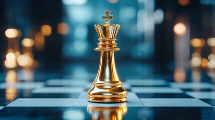 Gold queen chess piece in focus on a game board, representing strength and leadership; dark, moody background and ample space for text