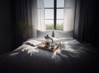Sunlit bedroom scene. A wooden tray holds a coffee press and cup on a neatly made bed with a book nearby.  Soft light streams through a window. Tranquil morning atmosphere.