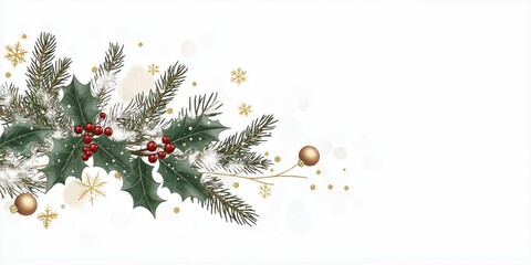 Festive design for Christmas email. Image shows holly leaves, berries adorned with snow. Decorative gold Christmas ornaments, snowflakes add festive touch. Suitable for Christmas communication,