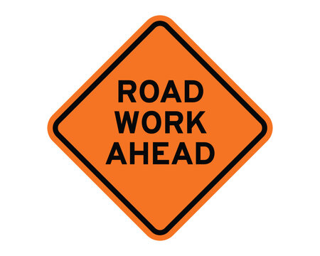 Road Work Ahead Construction Sign Featuring Orange Diamond Shape with Black Border and Bold Black Text, Indicating Upcoming Road Construction, Available as a Vector File