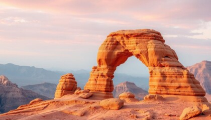 arch in the desert with mountains in the background