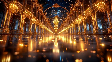 Fototapeta premium Golden royal palace interior, intricate black marble floors, blue silk tapestries, chandeliers with warm light, detailed royal fantasy scene