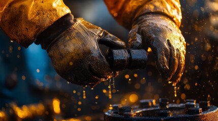 Skilled worker expertly handling machinery in oil industry, showcasing precision, safety, and efficiency in industrial operations and equipment maintenance.