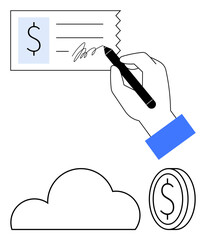 Hand signing check with pen, cloud symbol, and coin icon with dollar sign. Ideal for finance, banking, e-commerce, online payments, cloud storage money management cryptocurrency. Line metaphor