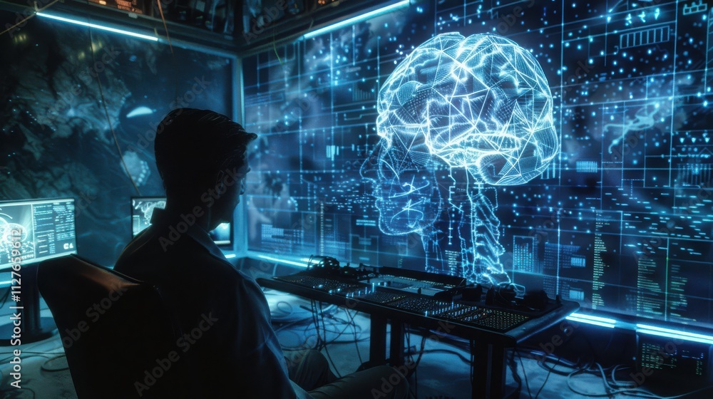 Poster man observing digital brain network visualization