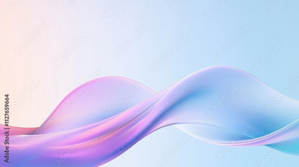 Poster Abstract 3D design. Fluid shapes in pastel colors. Wavy lines create soft, smooth effect. Background for tech design projects. Modern style with colorful gradient. Creative abstract art. Bright