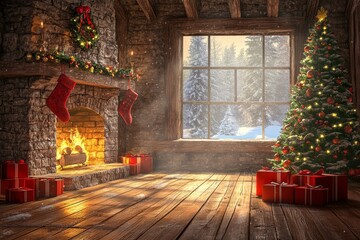 The room exudes warmth with its crackling fireplace and a beautifully arranged Christmas tree encircled by festive gifts.