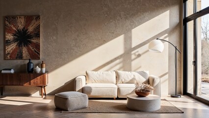 Generative AI, Modern living room with golden-hour lighting, organic textures, and earthy tones