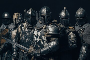 Medieval knights with modern military gear, tactical lighting setup, armor detail, with copy space