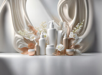 Obraz premium Elegant skincare products displayed amidst flowing beige fabric and delicate white and peach flowers. A luxurious and minimalist aesthetic.