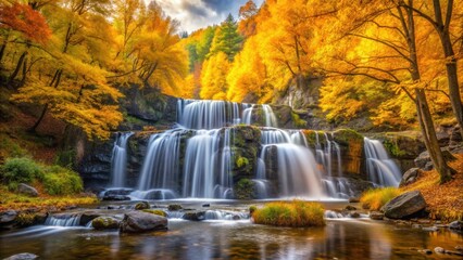 Obraz premium Beautiful autumn landscape with yellow trees surrounding a cascading waterfall, autumn, landscape, nature, yellow trees