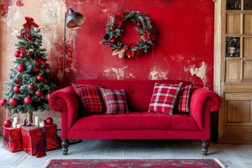 The living room exudes cozy vibes with the presence of festive wreaths and cheerful Christmas decorations, centered around a plush, red sofa that encourages holiday joy.