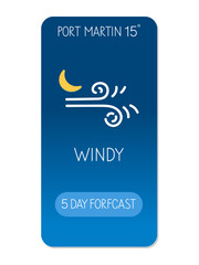 Weather forecast display showing windy conditions in Port Martin with a temperature of 15 degrees