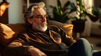 Fototapeta premium A close-up shot of a thoughtful middle-aged man sitting in a sunlit living room, engaging in a heartfelt conversation, surrounded by soft shadows from nearby plants