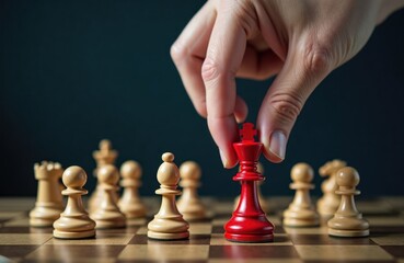 Person strategically places red chess king piece on chessboard. Teams compete for advantage. Business leader makes decision for innovation in customer-centric approach. Competitive business strategy