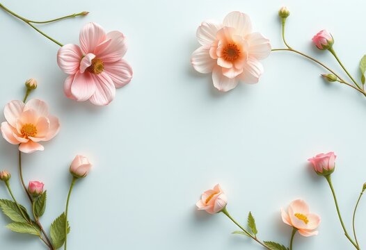 Ein zartes Mockup mit sanften rosa Bl&uuml;ten und Knospen, dekorativ arrangiert auf einem hellblauen Hintergrund &ndash; ideal f&uuml;r fr&uuml;hlingshafte und florale Designs. Generative KI.