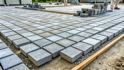 Gray concrete paving stones being laid on ground , construction, pavement, pathway, urban, materials, cement, texture, hard