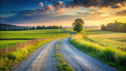Fototapeta premium Side view of gravel road winding through serene countryside meadow, gravel, road, countryside, side view, meadow, rural