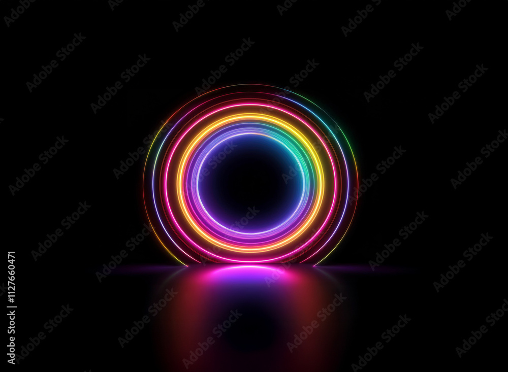 Poster vibrant rainbow neon circles glow intensely against a black background, creating a mesmerizing, symm