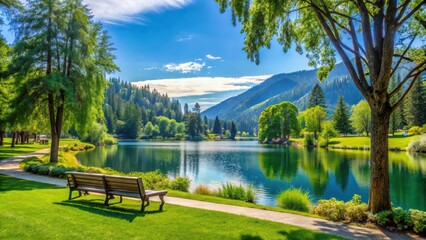 Obraz premium Waterfront park in Leavenworth with lush greenery and peaceful lake views, waterfront, park, Leavenworth, greenery, lake
