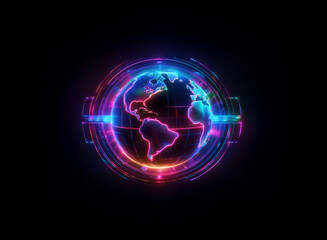 Obraz premium A vibrant, neon-glowing Earth encircled by a futuristic, technological frame. The image evokes a sense of global connection and digital innovation.