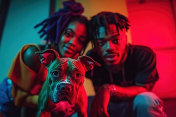 Millennial couple adopting a rescue dog from a shelter captured during fluorescent indoor lighting, with copy space