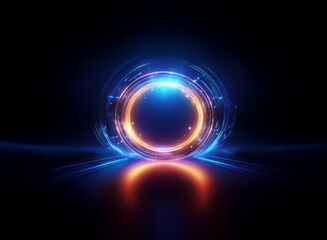 Obraz premium A vibrant, glowing circular light with concentric rings, reflecting on a dark surface. The inner light is bright blue, surrounded by orange and blue rings. It evokes a sense of energy and technology