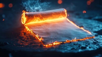 Torn parchment with smoldering edges, smoky wisps rising subtly, placed on a rough stone table with scattered ash, cinematic lighting