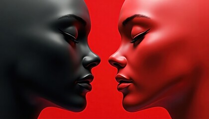 Abstract art display dual faces black, red. Faces show calm emotion, smooth contours. Minimalist design on red background. Art piece evokes duality. Faces close, confrontational yet peaceful. Modern