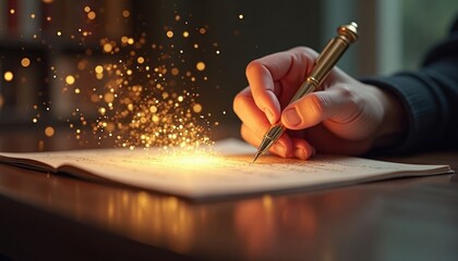 Hand writing with golden pen creating magic on open notebook. Golden light sparks surround hand and pen. Imagination and creativity concept. Inspiring writing scene. Artistic moment.