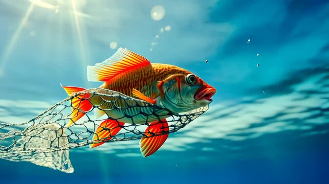 Goldfish trapped in fishing net underwater