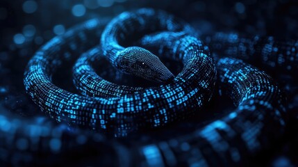 Obraz premium A close-up of a digitally rendered snake, its skin composed of glowing binary code in vibrant blue and purple neon lights